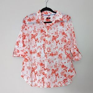 Talbots 100% Cotton Tropical Floral Pattern Roll Tab Sleeve Button Down Shirt